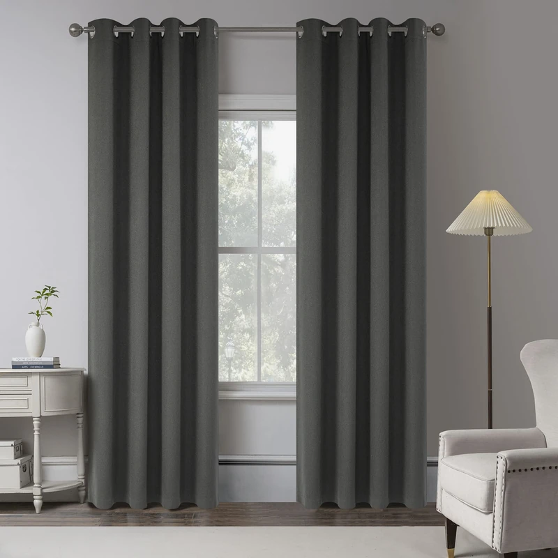 Charcoal Grey 100% Blackout Linen Curtains 102 Inches Long 2 Panels for Bedroom,Modern Village Full Black Out Room Darkening Thermal Insulated Window Curtain Panels W50 x L102 Inch Length