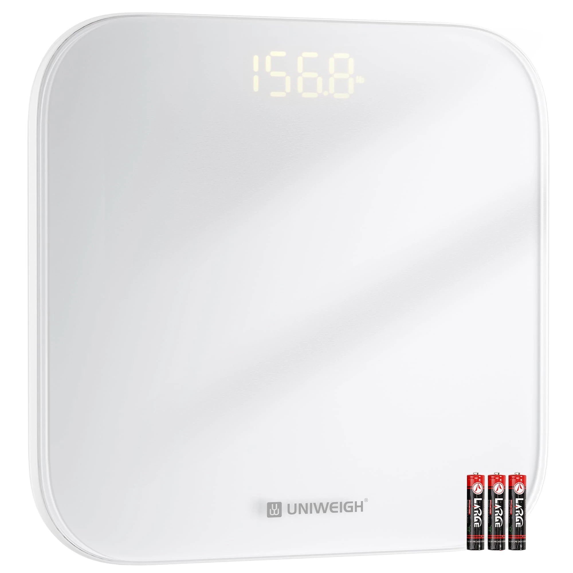 UNIWEIGH Digital Bathroom Scale for Body Weight,Highly Accurate Weight Scale up to 400lbs/180kg,Compact body scales with Sturdy Tempered Glass,LED Display,Step-on,3 Units and Includes batteries,White