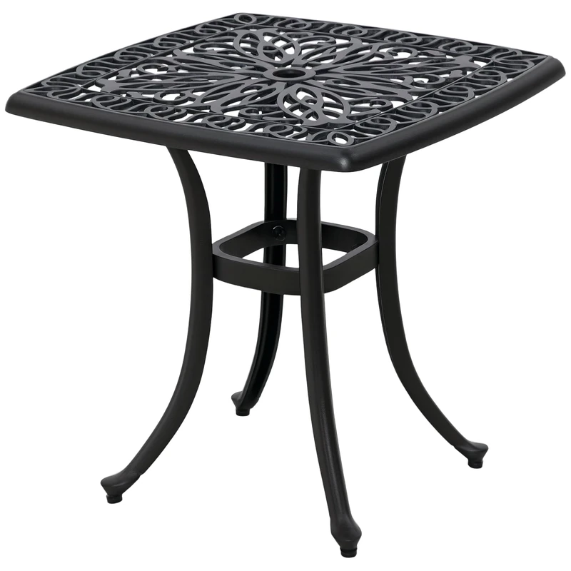 Outsunny Square Small Garden Table, Cast Aluminium Garden Coffee Table with Parasol Hole, Outdoor Side Table for Patio, Balcony, Poolside, 53 x 53 cm, Black