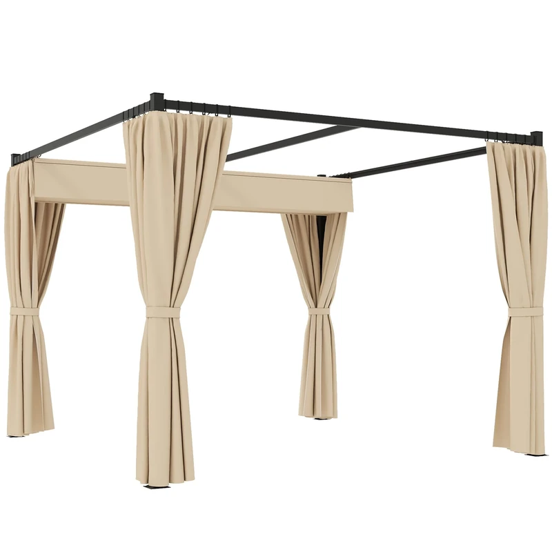 Outsunny 3 x 3(m) Pergola with Retractable Roof Canopy and Curtains, Metal Frame Garden Gazebo Outdoor Sun Shade Shelter for Grill, Patio, Deck, Beige