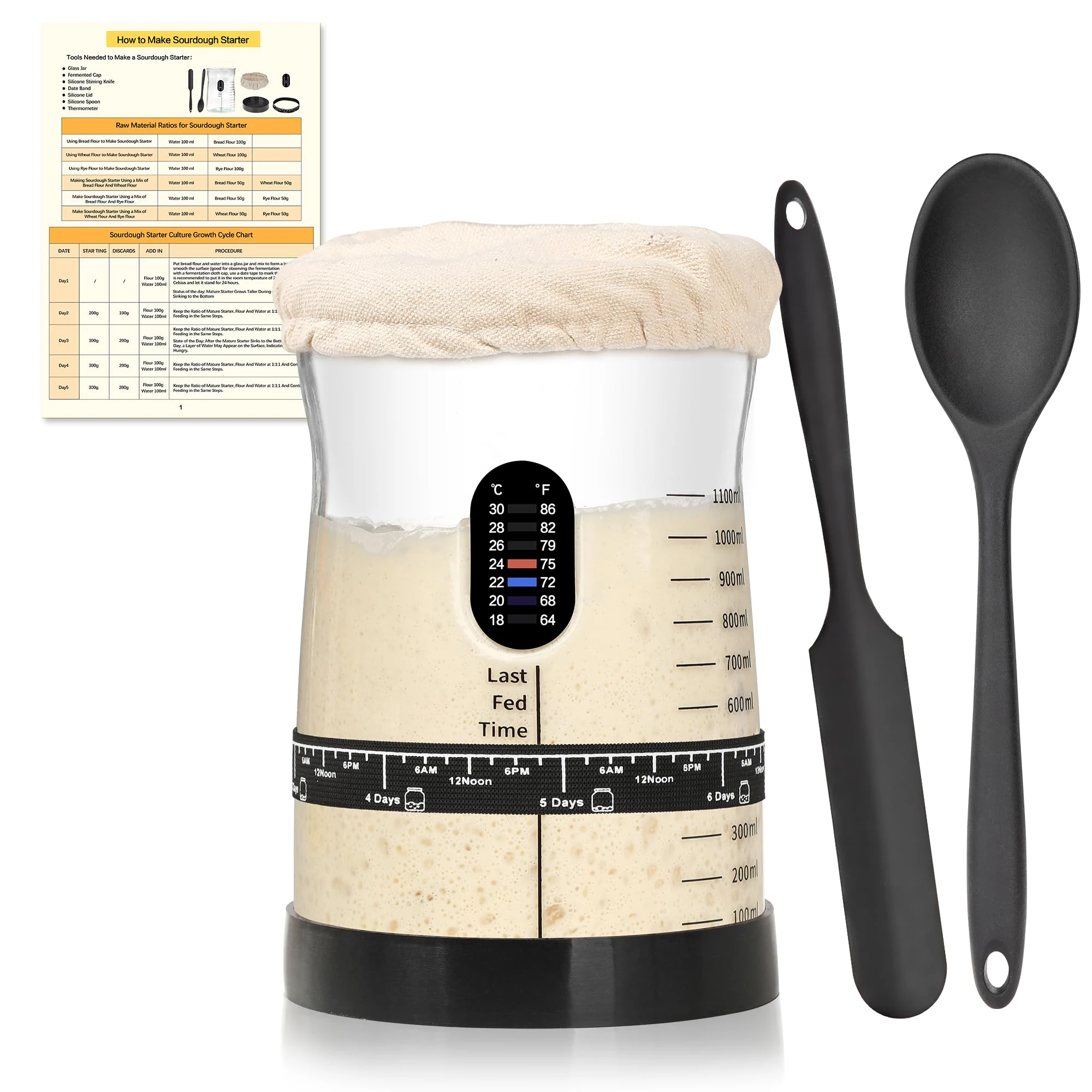 Coco Bird Pro Sourdough Starter Kit- 50oz Large Capacity Sourdough Starter Jar, 17 Flavorful Fermentation Recipes, Sourdough Bread Baking Supplies for Making Delicious Sourdough Breads(1PCS)