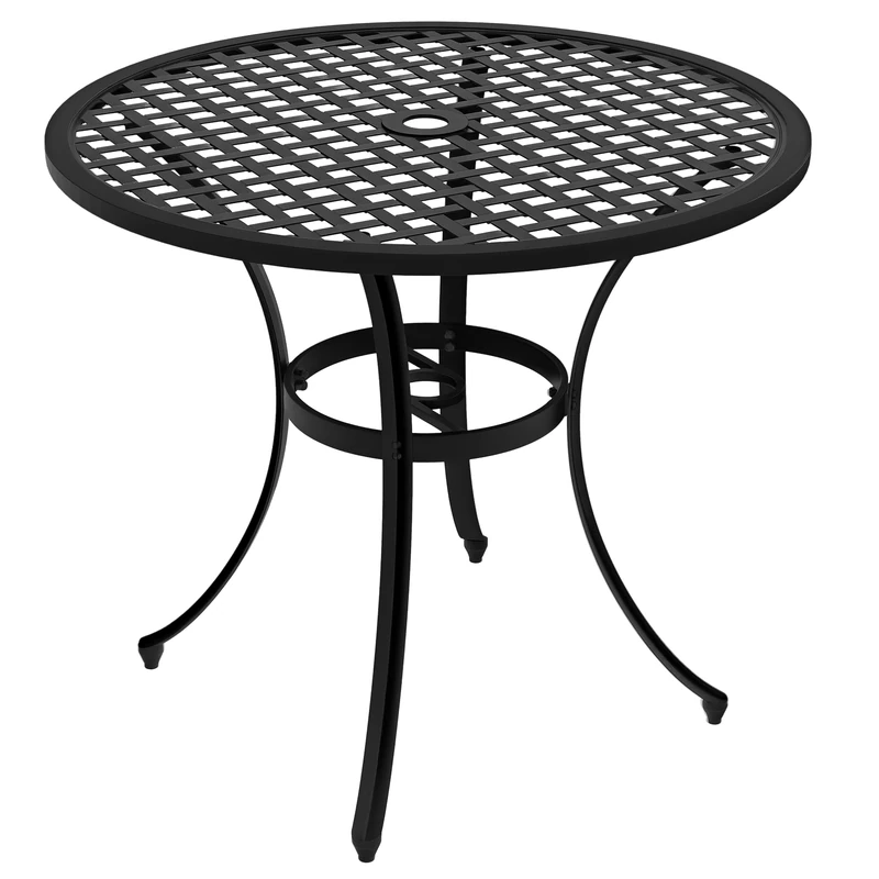 Outsunny Φ85cm Round Garden Dining Table, Cast Aluminium Coffee Table with Parasol Hole and Adjustable Foot Pad, Patio Table for Outdoor, Balcony, Poolside, Black