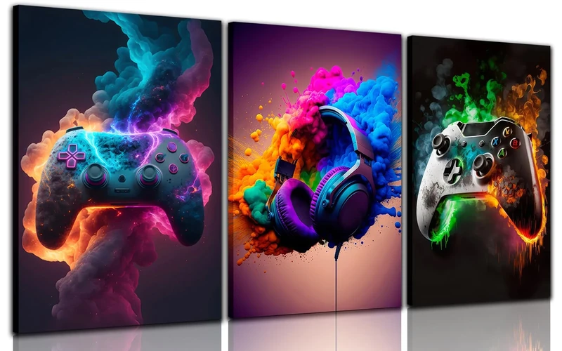 BGFCE Gaming Decor Wall Art, Video Gaming Theme Decor, Canvas Posters for Boys Room, Framed 16x24in Set of 3