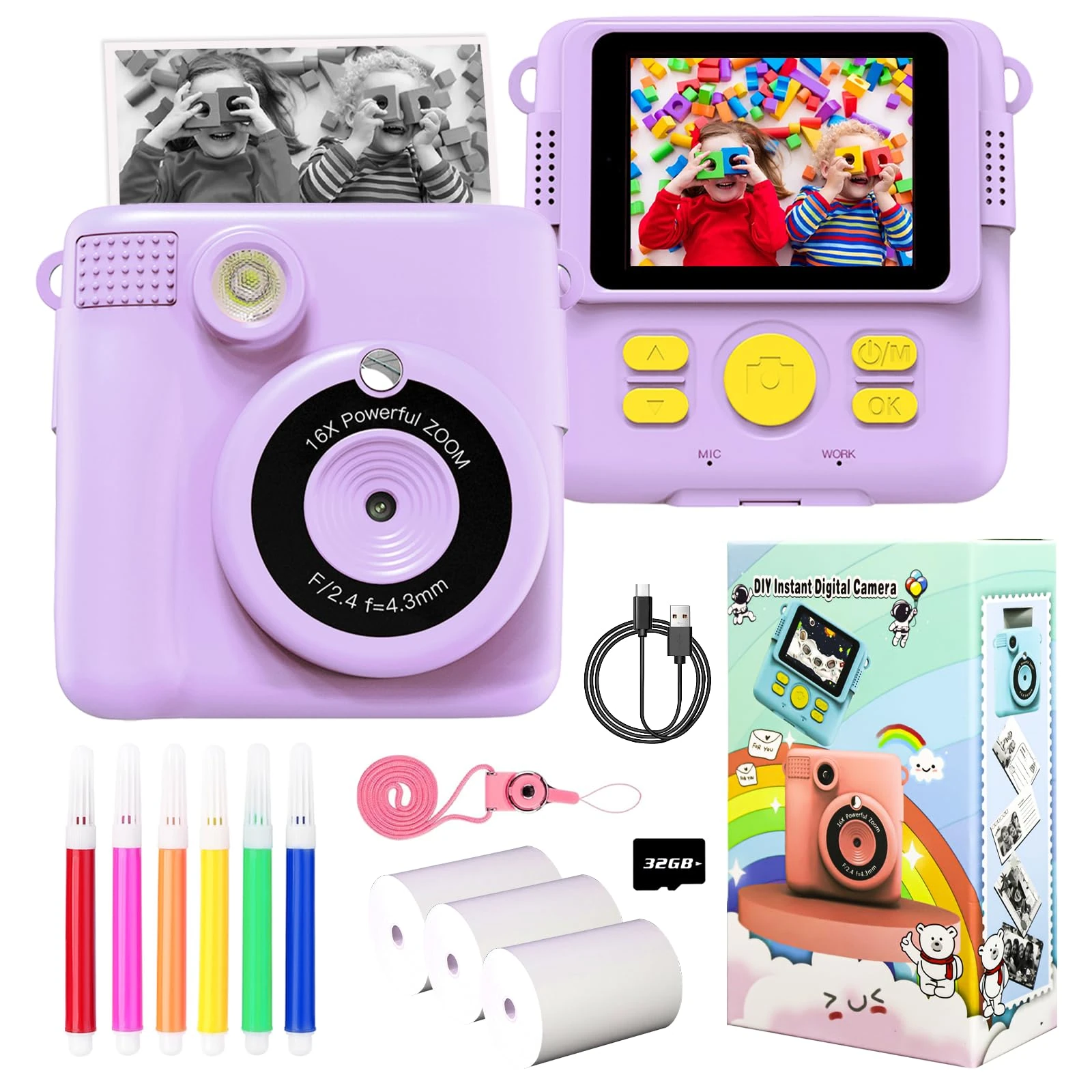 Kids Instant Print Camera Toy for Girls Boys, 2.4" Screen, 1080P HD Digital Camera With 3 Rolls Photo Paper, Birthday Gifts for 3+ Year Old, 6 Color Pens, 32GB SD Card, Purple