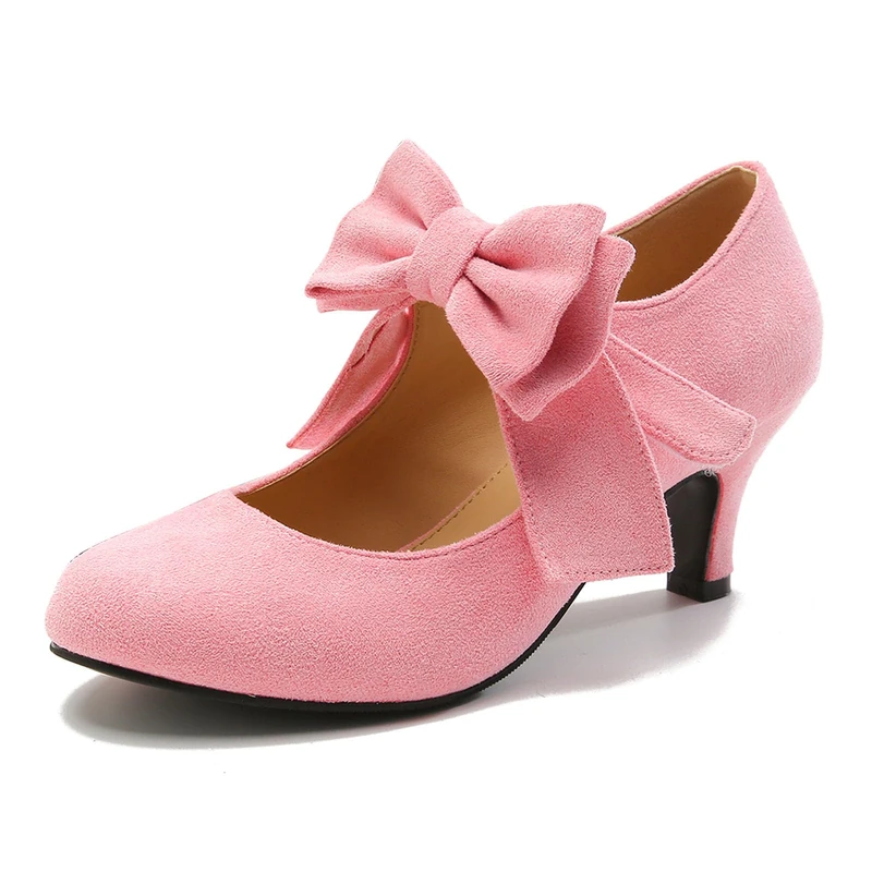 omthaka Women's Bow Mary Jane Kitten Heel Round Toe Low Heels Ankle Strap Dress Evening Party Pumps, Pink, 6 UK