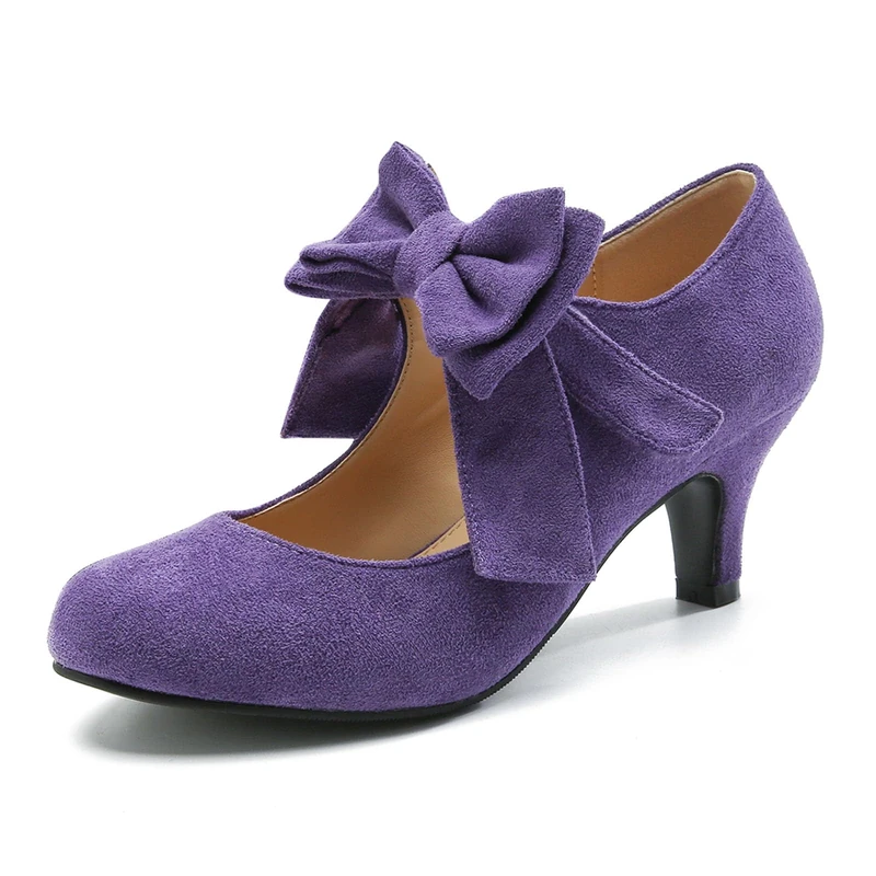 omthaka Women's Bow Mary Jane Kitten Heel Round Toe Low Heels Ankle Strap Dress Evening Party Pumps, Purple, 5.5 UK - Image 1