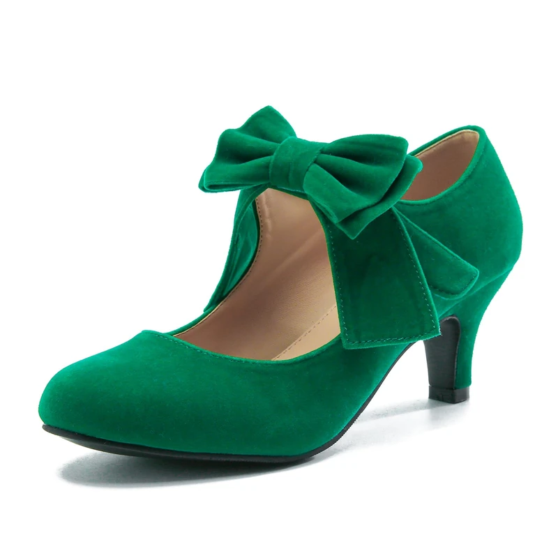 omthaka Women's Bow Mary Jane Kitten Heel Round Toe Low Heels Ankle Strap Dress Evening Party Pumps, Green, 5.5 UK