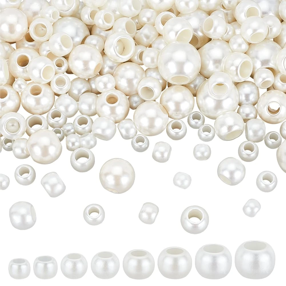 PH PandaHall 450pcs Large Hole Faux Pearl Beads 8 Sizes 8~25mm White Pearl Beads, Plastic Imitation Pearls European Bead for Bracelets Necklaces Jewellery Bag Chain Making Vase Fillers