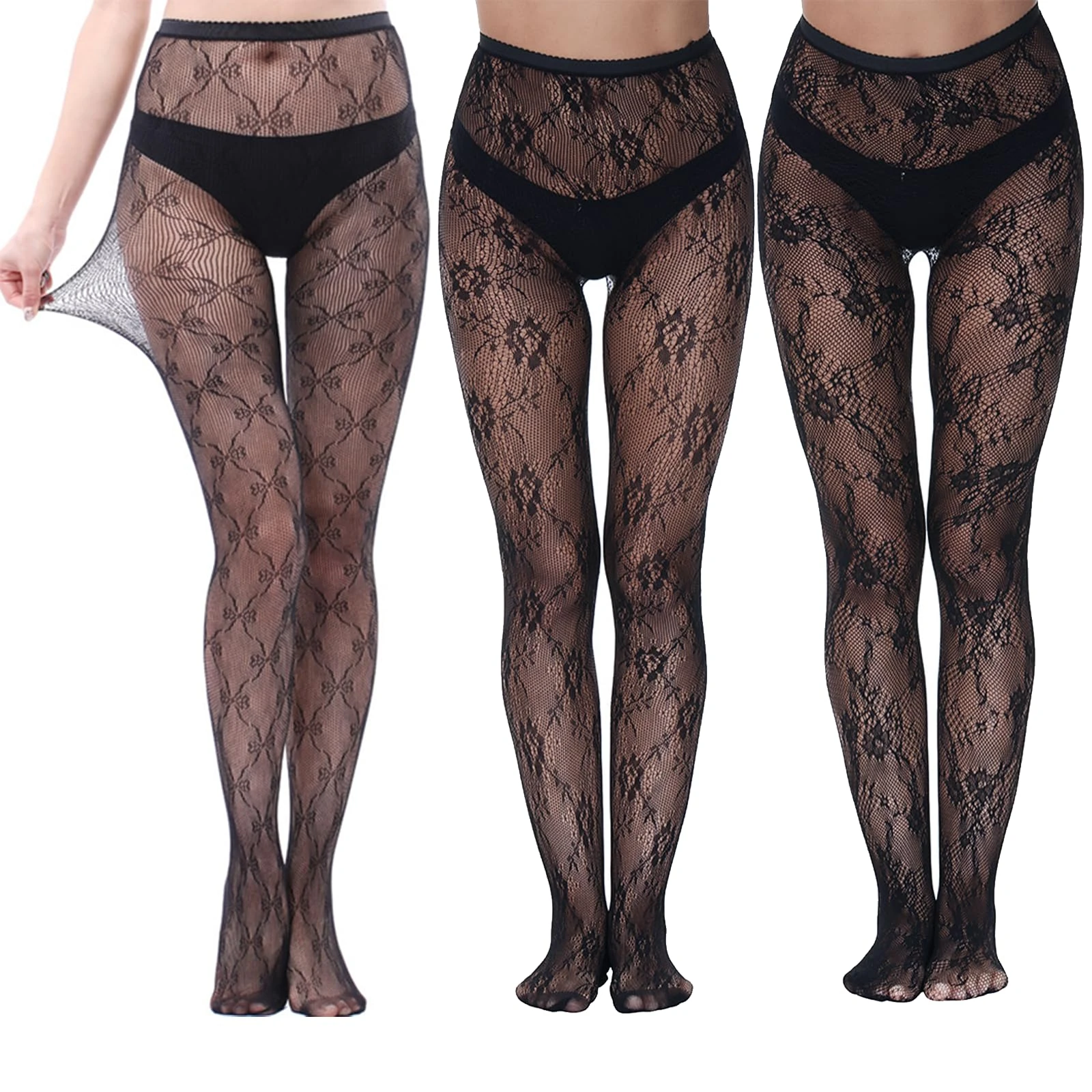 Ninnyi 3PCS Patterned Tights for Women Uk, Black Lace Fishnet Stockings, Fashion Floral Pattern Pantyhose