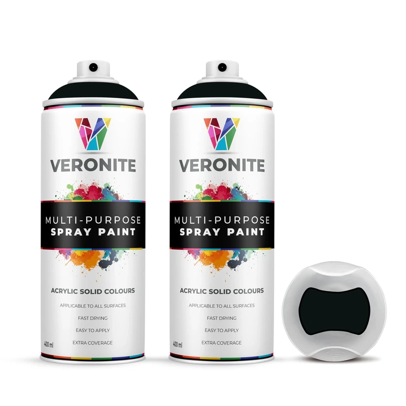Veronite 2 x Spray Paint 400ml - Matt Black for Metal, Plastic, Wood, Fabric, Glass & Furniture - Ultra Adhesion/Coverage - RAL 9005