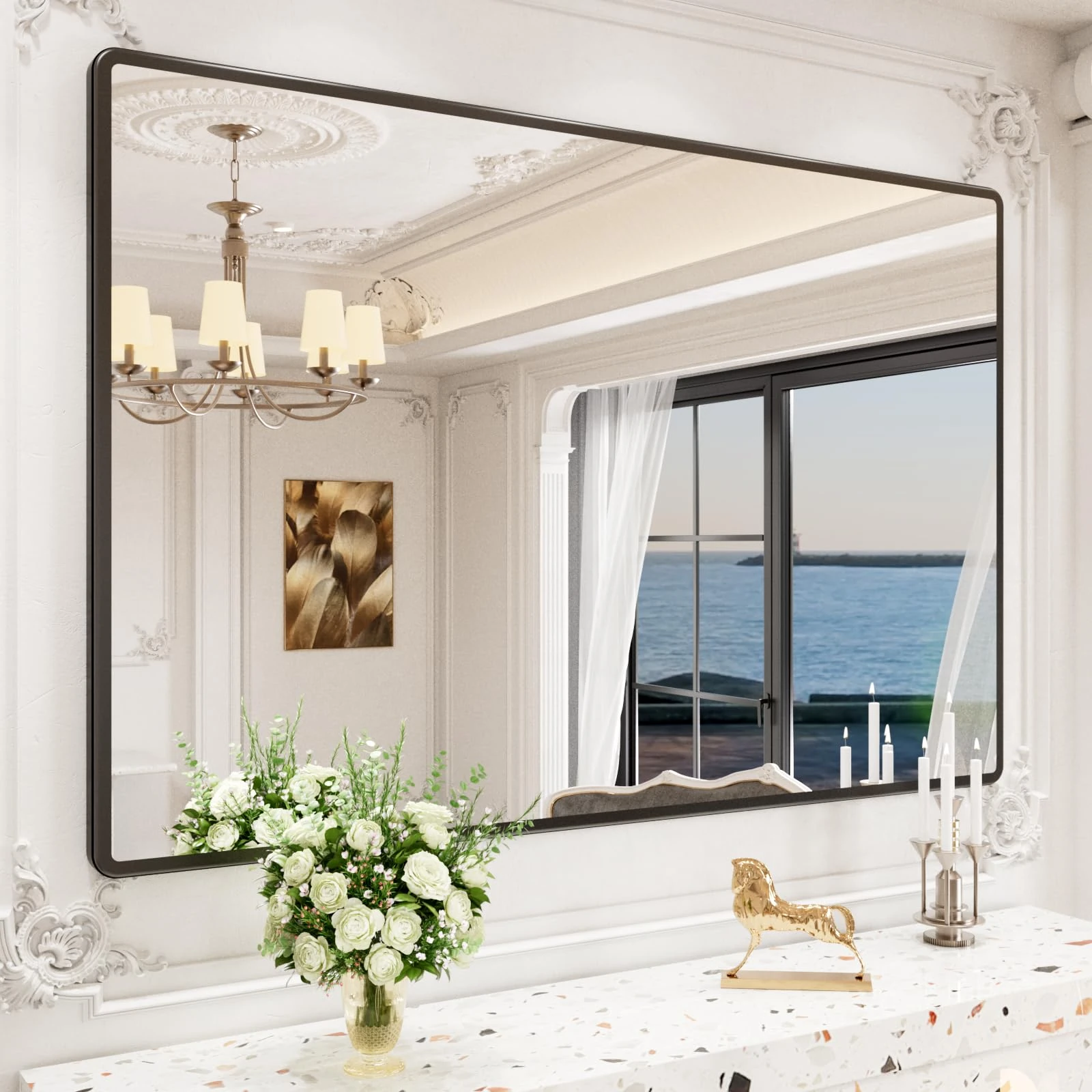 pertetey New Upgrade 60X40 Inch Wall Mounted Bathroom Mirror, Black Metal Frame Rounded Rectangle Mirror, Bathroom Vanity Mirror with Tempered Glass for Washroom Bedroom Living Room