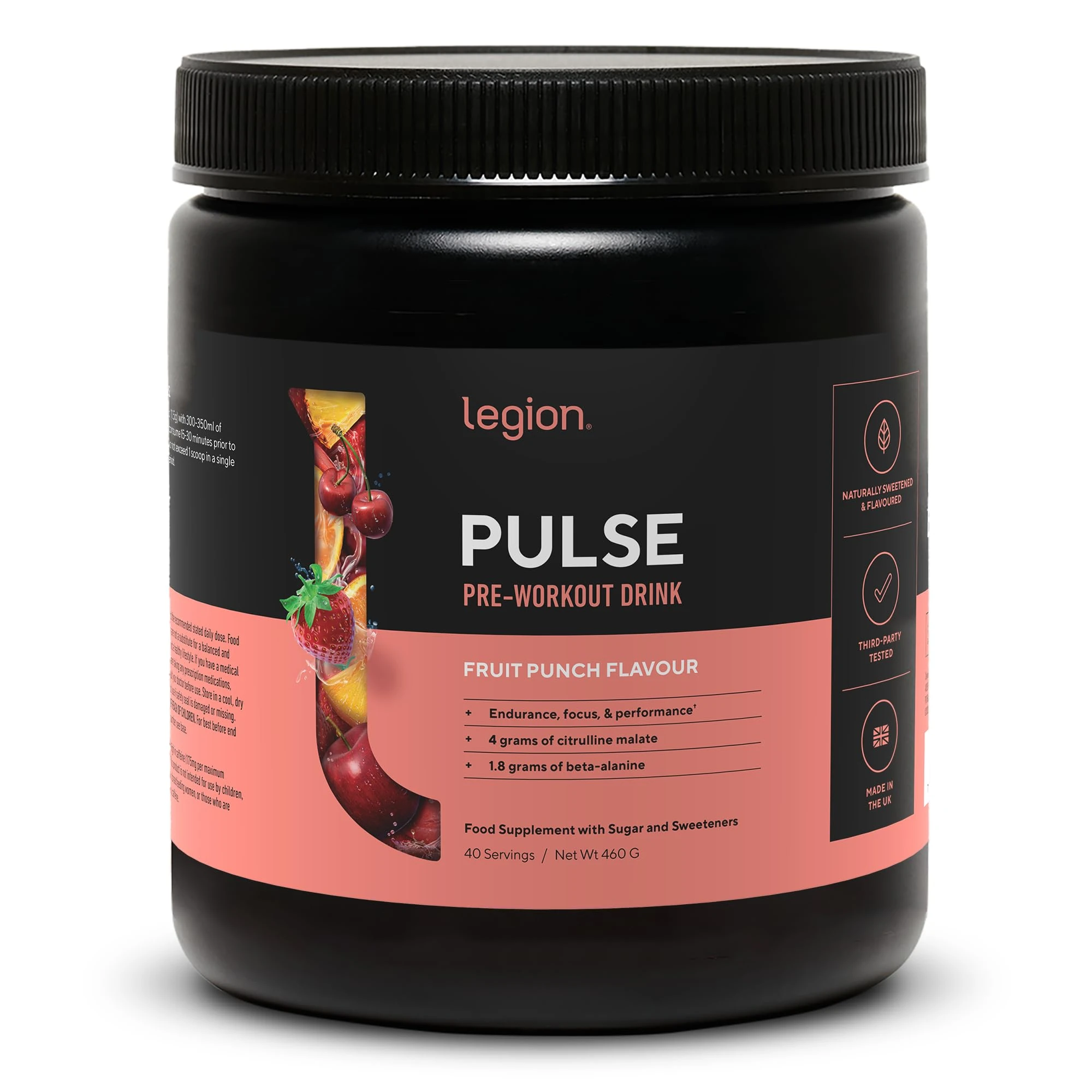LEGION Pulse Pre Workout Supplement - All Natural Nitric Oxide Preworkout Drink to Boost Energy, Creatine Free, Naturally Sweetened, Beta Alanine, Citrulline, Alpha GPC (Fruit Punch)