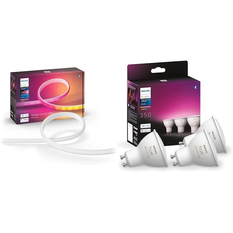 Philips Hue White & Colour Ambiance Smart Spotlight 3 Pack LED [GU10 Spotlight] - 350 Lumens & Gradient Light Strip 2m. for Syncing with Entertainment, Media and Music