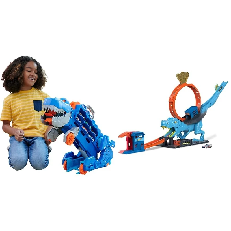 Hot Wheels Let's Race Netflix - City Ultimate Hauler, Transforms into Stomping T-Rex with Race Track & City Racetrack, T-Rex Chomp Down, Knock Down Dinosaur with Car Stunt in Giant Loop