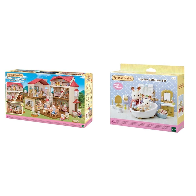 Sylvanian Families 5716 Red Roof Country Home -Secret Attic Playroom- Dollhouse Playsets & Country Bathroom Set