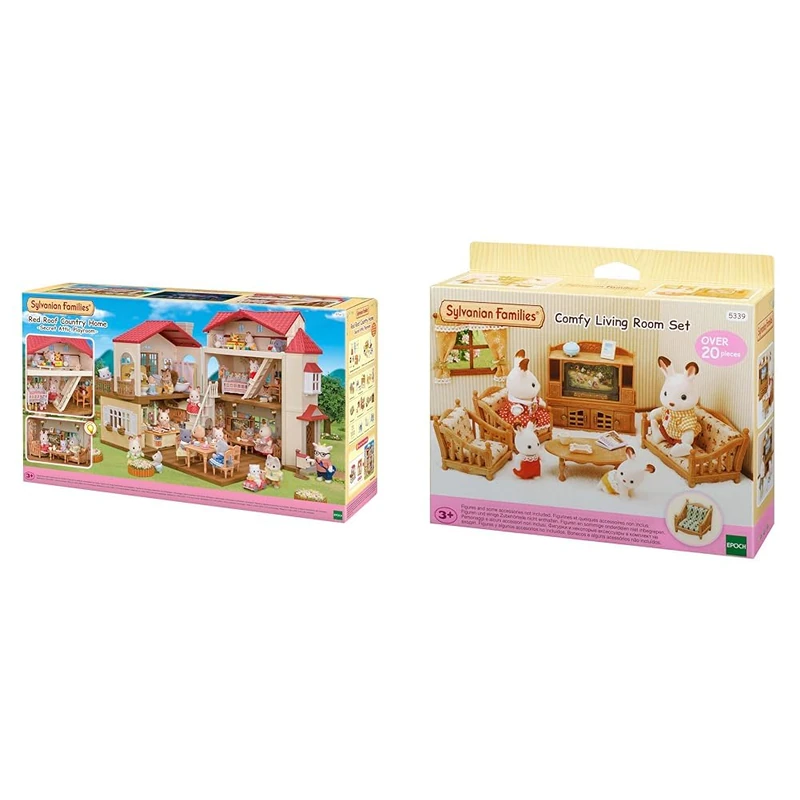 Sylvanian Families Red Roof Country Home -Secret Attic Playroom- & Comfy Living Room Set Dollhouse Playset with Furniture for Children