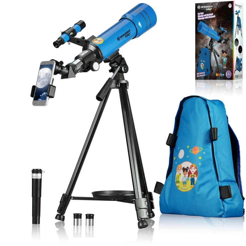 BRESSER children's astronomic refractor lens travel telescope for kids and beginners 70/400 AZ-mount with tripod, backpack, finder scope, smart phone holder blue