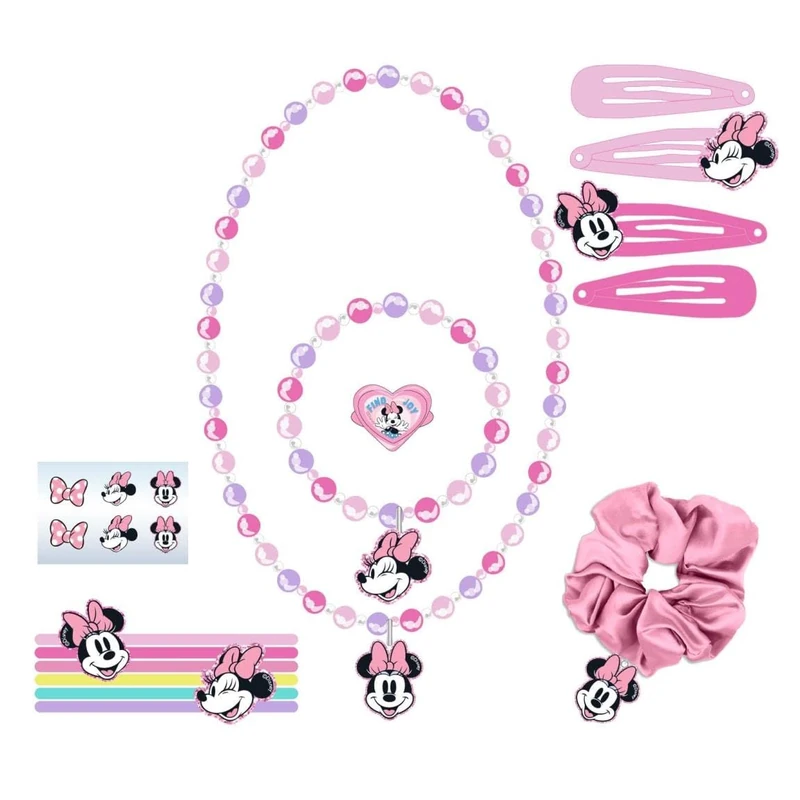CERDÁ LIFE'S LITTLE MOMENTS Minnie Children's Beauty Set – Multicoloured – Includes 6 Scrunchies, 1 Fabric Scrunchie, 4 Hair Clips, 2 Necklaces, Ring and Stickers – Original Product Designed in Spain