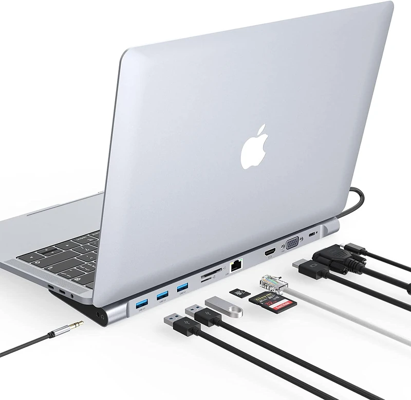 USB C Hub, 10 in 1 USB-C Docking Station for Laptop with Three Screens for Macbook and Windows (HDMI 4K, VGA, PD 100W, Ethernet, SD/TF Card Slot, 2 USB Ports, 3.5 mm Audio)