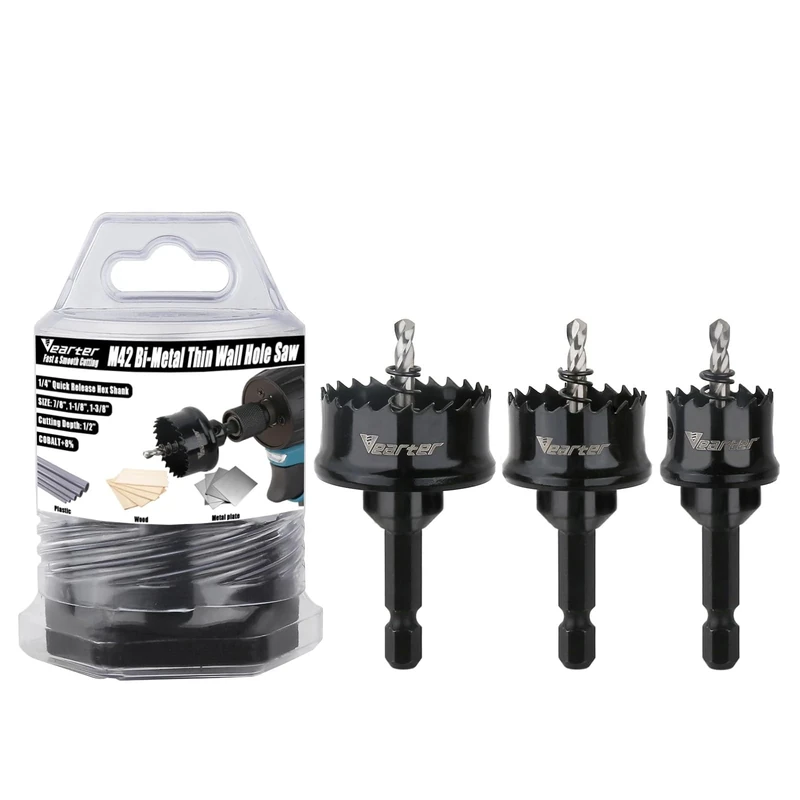 Vearter 3-Piece Bi-Metal Hole Saw Set 7/8"-1-3/8" M42 Cobalt Hex Shank