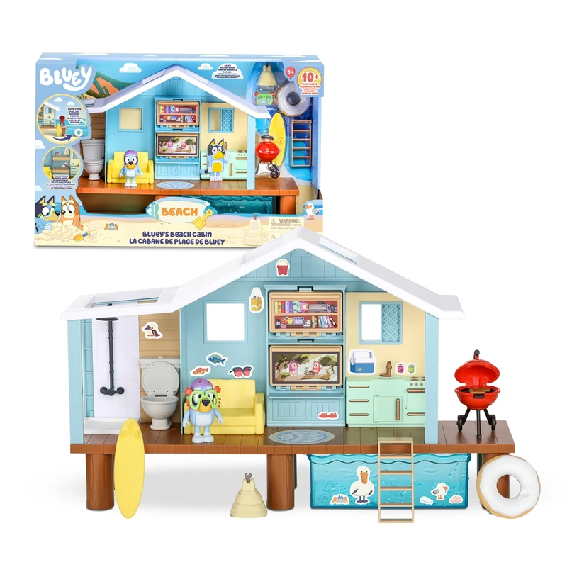Bluey - Beach Cabin Playset, Blue Dog Beach House, Toy with Figure, with Accessories, Pool, Glasses, Float, Barbecue, Blue House, Famous (BLY66000)
