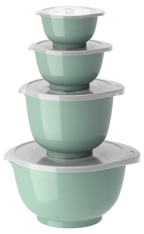 Rosti Margrethe Mixing Bowl Set, Set of 8 Mixing Bowls, 4 Mixing Bowls and 4 Lids, Recyclable Plastic, 0.25 Litre, 0.5 Liter, 1.5 Litre and 3 Litre, Nordic Green