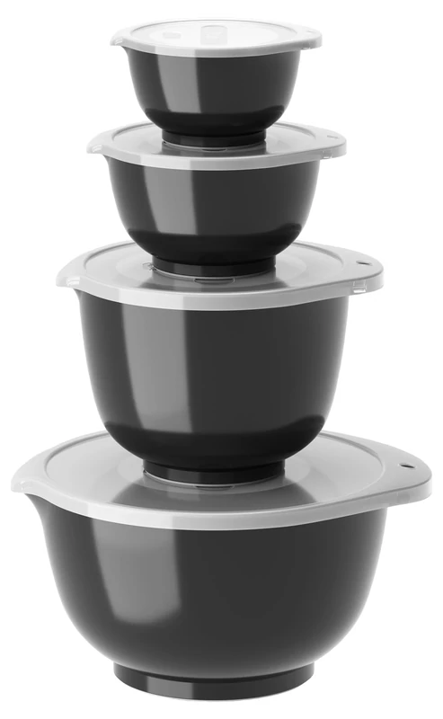 Rosti Margrethe Mixing Bowl Set, Set of 8 Mixing Bowls, 4 Mixing Bowls and 4 Lids, Recyclable Plastic, 0.25 Liter, 0.5 Liter, 1.5 Litre and 3 Litre, Carbon Black