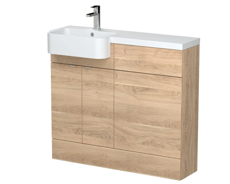 Hudson Reed CBI3044 Fusion Modern Bathroom Floor Standing Vanity Basin and WC Unit with Round Semi Recessed Basin - Left Hand, 1000mm, Bleached Oak