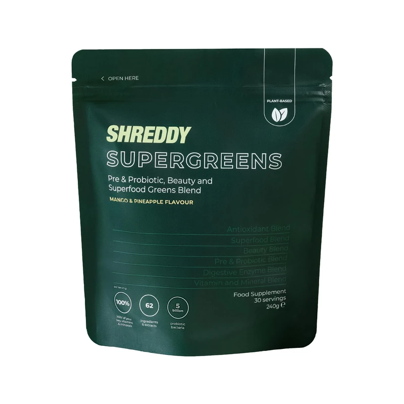 SHREDDY | Probiotic, Beauty, Superfood Greens Blend | 5 Billion Probiotics, 100% NRV Vitamins | 62 Nutrient-Rich Ingredients | Vegan-Friendly | Mango & Pineapple Flavour