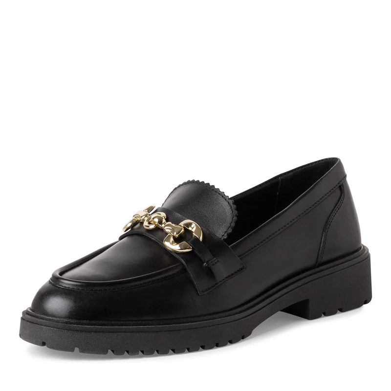 MARCO TOZZI Ladies Leather Buckle Loafers No Heel Loafers, Black, 7 UK