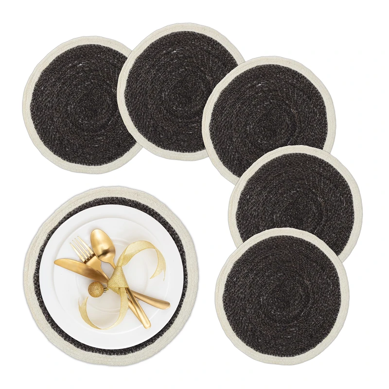 Relaxdays Place Mat Set, 6x Coaster, Tableware, Drinks, Table Protector, Round, Ø 37 cm, Seagrass Material, Black/Cream, Plant fibre