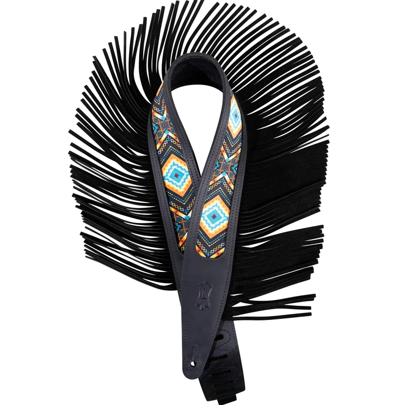 Levy's Crazy Horse Leather Guitar Strap with Fringe Detail and Western Print, Black, One Size