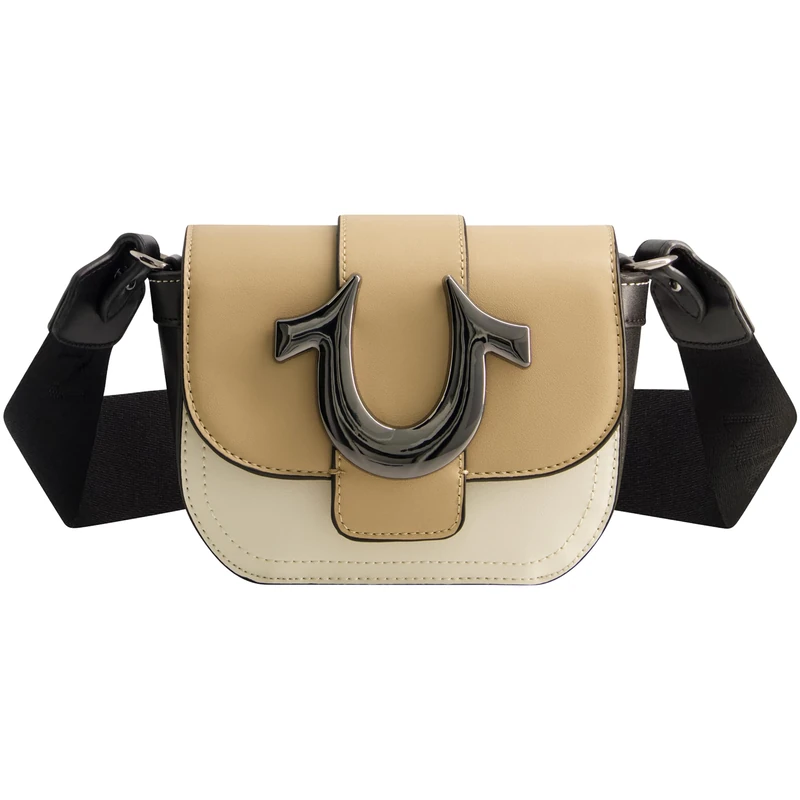 True Religion Women's Crossbody Bag, Mini Flap Adjustable Shoulder Handbag Purse with Horseshoe Logo, Camel - Image 1