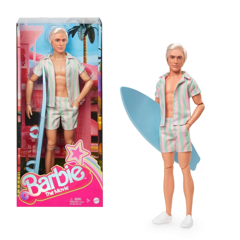Barbie The Movie Ken Doll Wearing Pastel Pink and Green Striped Beach Matching Set with Surfboard and White Sneakers, JBJ54