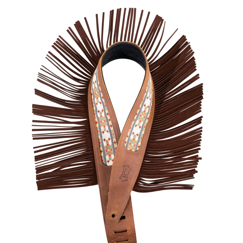 Levy's Crazy Horse Leather Guitar Strap with Fringe Detail and Western Print, Brown, One Size