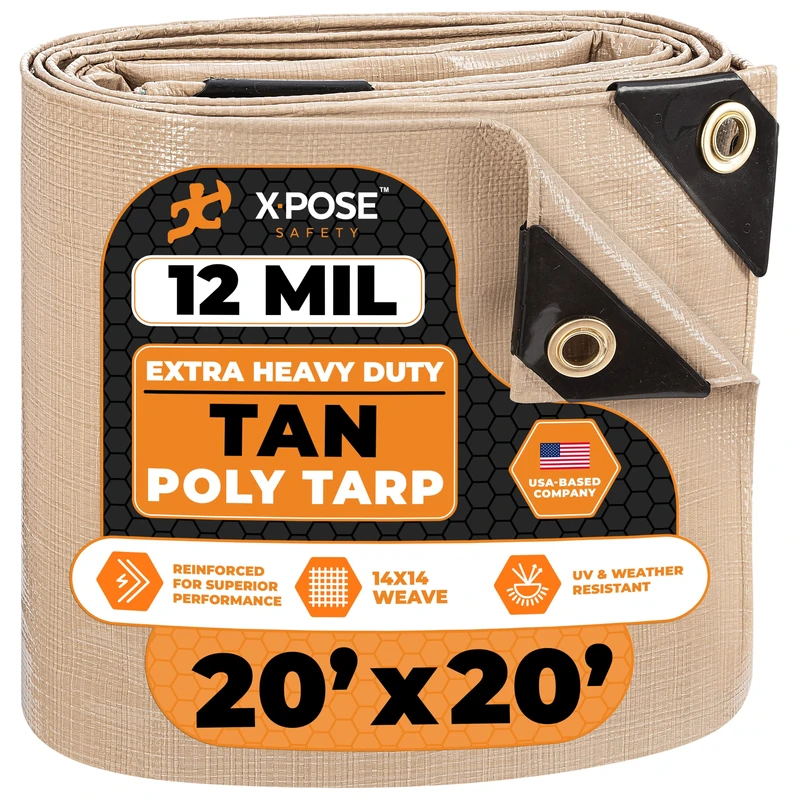 Heavy Duty Tan Poly Tarp 20' X 20' - Multipurpose Protective Cover - Durable, Waterproof, Weather Proof, Rip and Tear Resistant - Extra Thick 12 Mil Polyethylene - by Xpose Safety