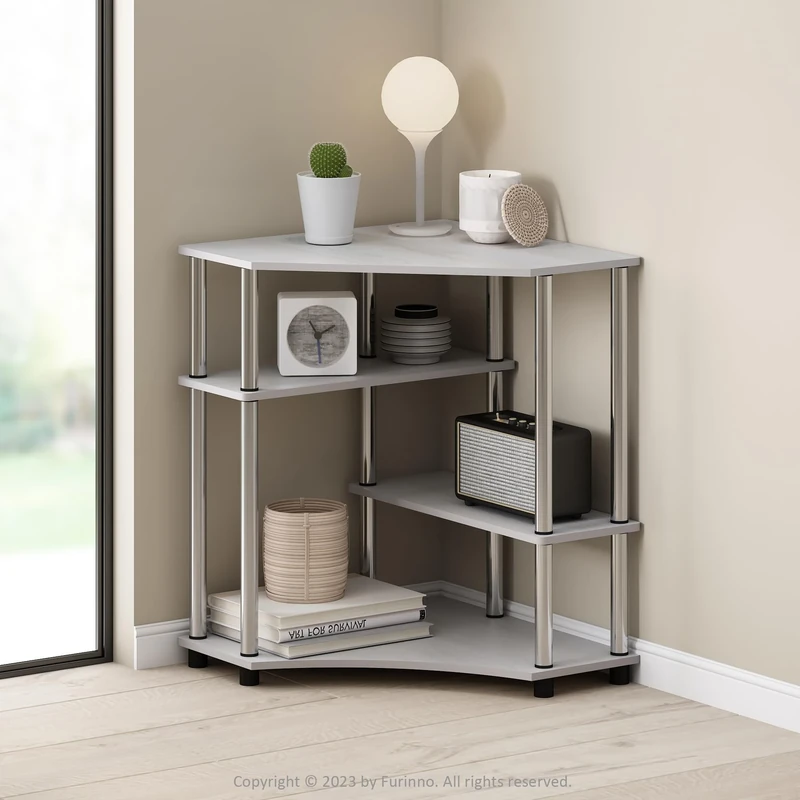 Furinno TURN-N-TUBE Storage Shelves, 4-Tier Corner Shelf, Display Rack, Corner Bookshelf, for Organization and Storage, Living Room, Home Office, White Oak