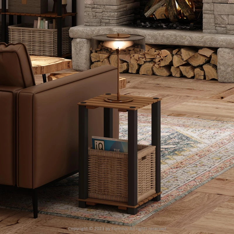 Furinno Turn-N-Tube 2-Tier Wood Slat Square End Table with Open Shelves, Natural/Black