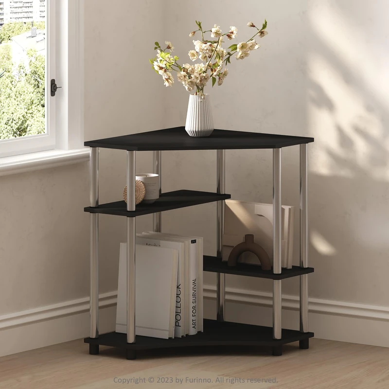 Furinno TURN-N-TUBE Storage Shelves, 4-Tier Corner Shelf, Display Rack, Corner Bookshelf, for Organization and Storage, Living Room, Home Office, Americano