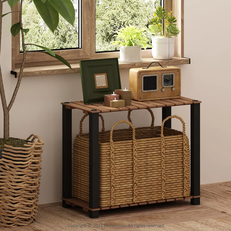 Furinno TURN-N-TUBE 4-Tier Display Rack, Storage Rack, Book Shelf, Open Shelves, with Wood Slat, Square Poles, for Indoor Outdoor Organization and Storage, Garage, Living Room, Natural