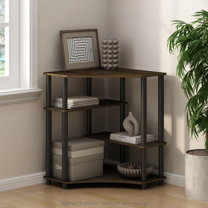 Furinno TURN-N-TUBE Storage Shelves, 4-Tier Corner Shelf, Display Rack, Corner Bookshelf, for Organization and Storage, Living Room, Home Office, Columbia Walnut