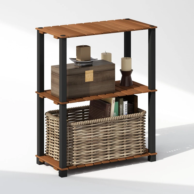 Furinno TURN-N-TUBE 3-Tier Display Rack, Storage Rack, Book Shelf, Open Shelves, with Wood Slat, Square Poles, for Indoor Outdoor Organization and Storage, Garage, Living Room, Natural