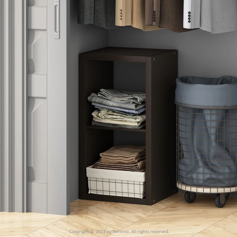 Furinno CUBIC Wardrobe Storage Organiser, 2-Cube Open Shelves Clothes Storage, 30mm Extra Thick Frame Closet Organiser, for Bedroom, Closet, Dark Oak