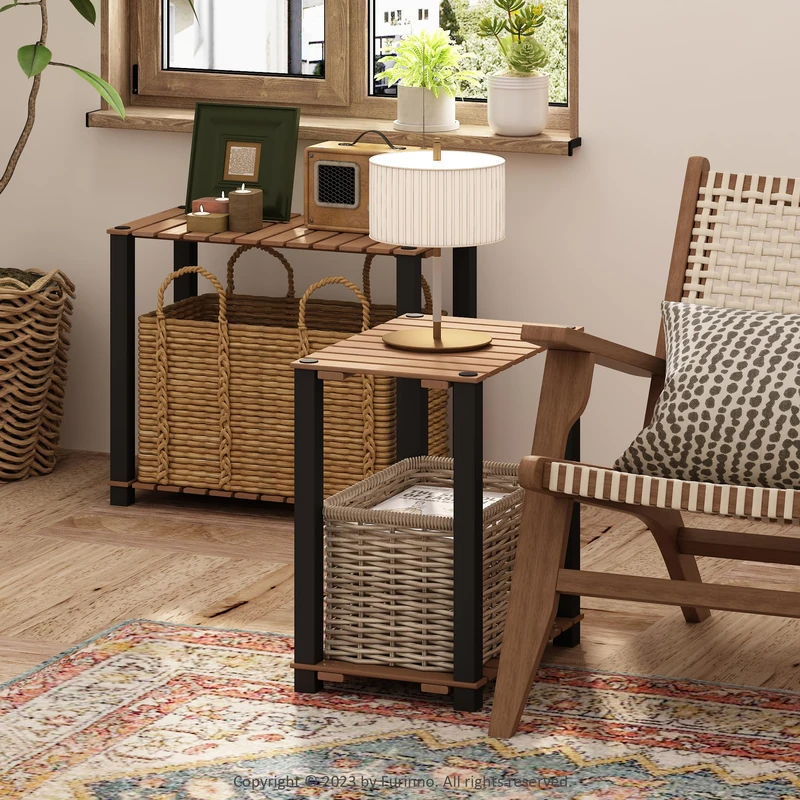 Furinno Turn-N-Tube 2-Tier Wood Slat Small Rectangle End Table with Open Shelves, Natural/Black