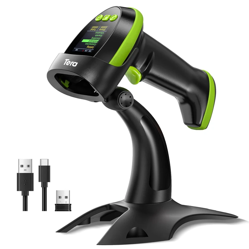 Tera Barcode Scanner Wireless 2D with Stand: Pro Version with Digital Setting Screen and Keypad Works with Bluetooth 2.4G Wireless USB Cable Extra Fast Handheld HW0009-Z Green