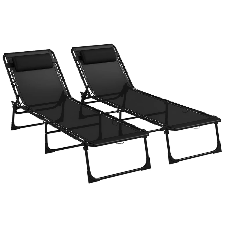 Outsunny 2 Piece Foldable Sun Lounger, Outdoor 4 Level Adjustable Backrest Reclining Chaise Chair, Steel Frame Recliner Chair for Camping, Hiking, Black