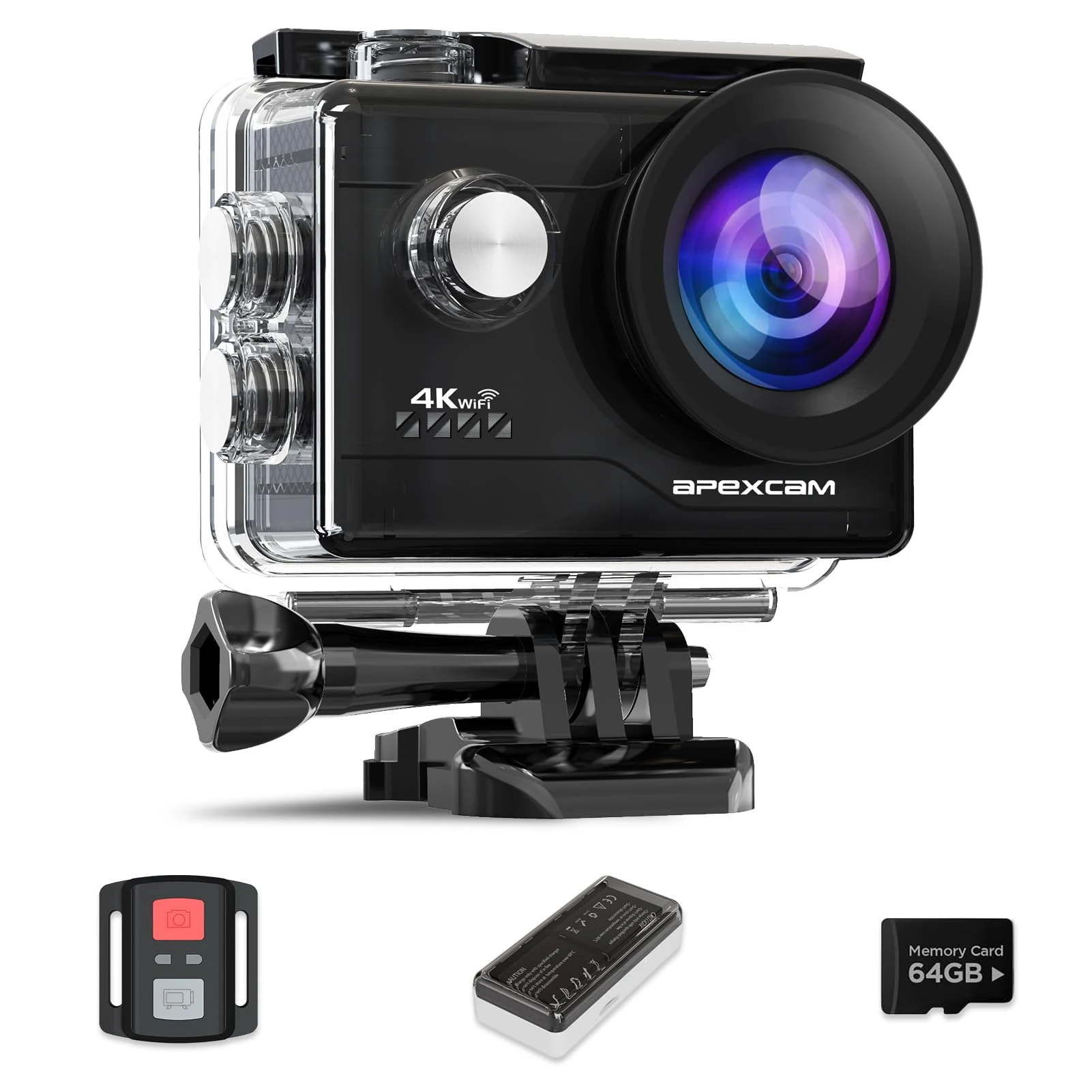 Apexcam Action Camera 4K 60FPS 64MP with 64GB Card WiFi Underwater Camera Waterproof 40M Sports Camera EIS With Ultra HD 170° Wide Angle 2.4G Remote 2 x 1350mAh Batteries and Accessories