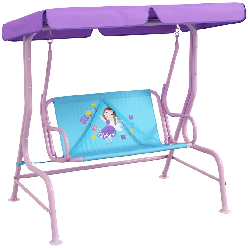 Outsunny 2 Seat Kids Swing Chair with Adjustable Canopy, Fairy Themed Double Kids Garden Swing Bench with Safety Belts for Patio Park Porch, for Ages 3-6 Years - Blue - Image 1