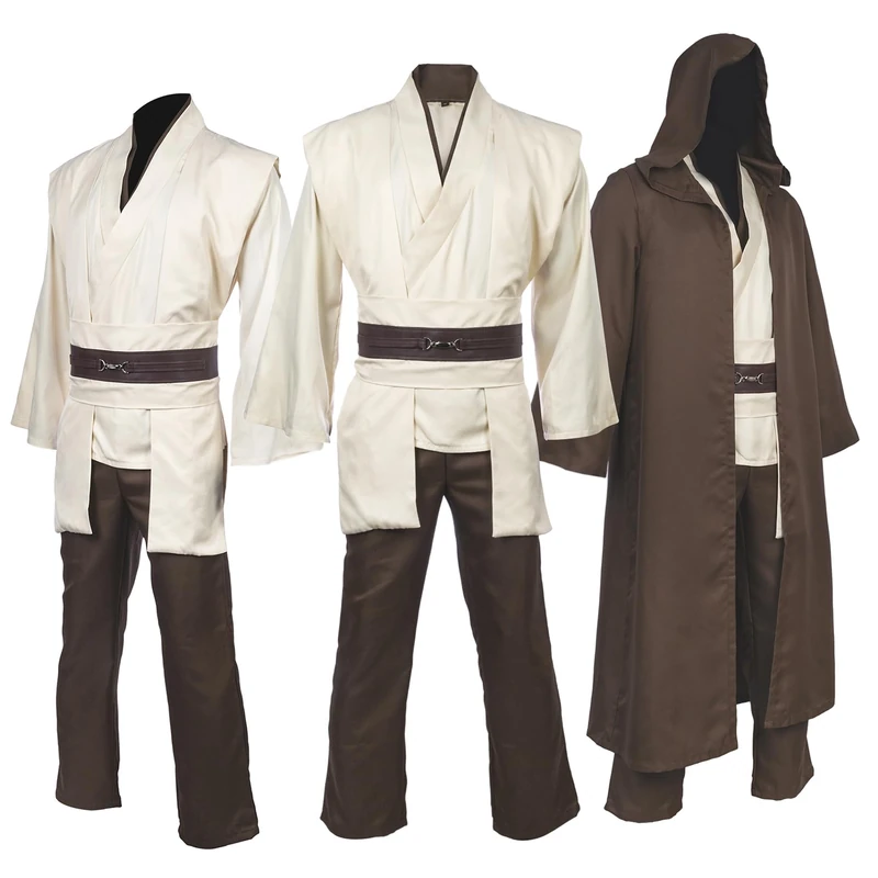 Men's Costume Robe Adult Male Tunic Costume Hooded Uniform Full Set Halloween Cosplay Cloak, Milky Thin, XL