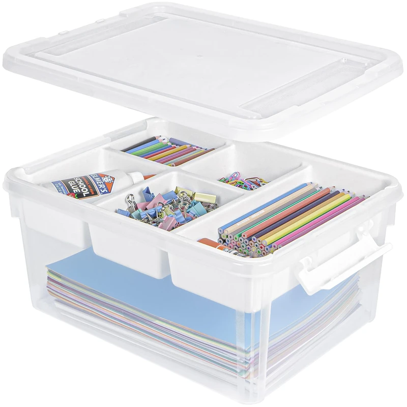 Creahaus 16L Organizers and Storage Box with Removable Tray, Durable Plastic Containers with Lids and Latching Buckles, Stackable Art & Craft Box for Art, Playdoh, Tool, Craft, Toy (WHITE)